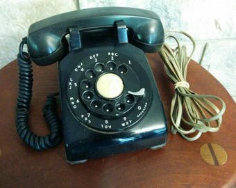 Vintage Black Rotary Dial Phone - Western Electric 1960's Retro Black Phone - Updated Plug