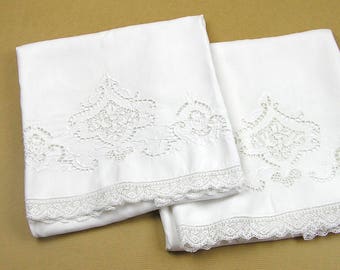 Vintage Pair Pillowcases White Cotton with Cut Work Embroidery Lace Edge