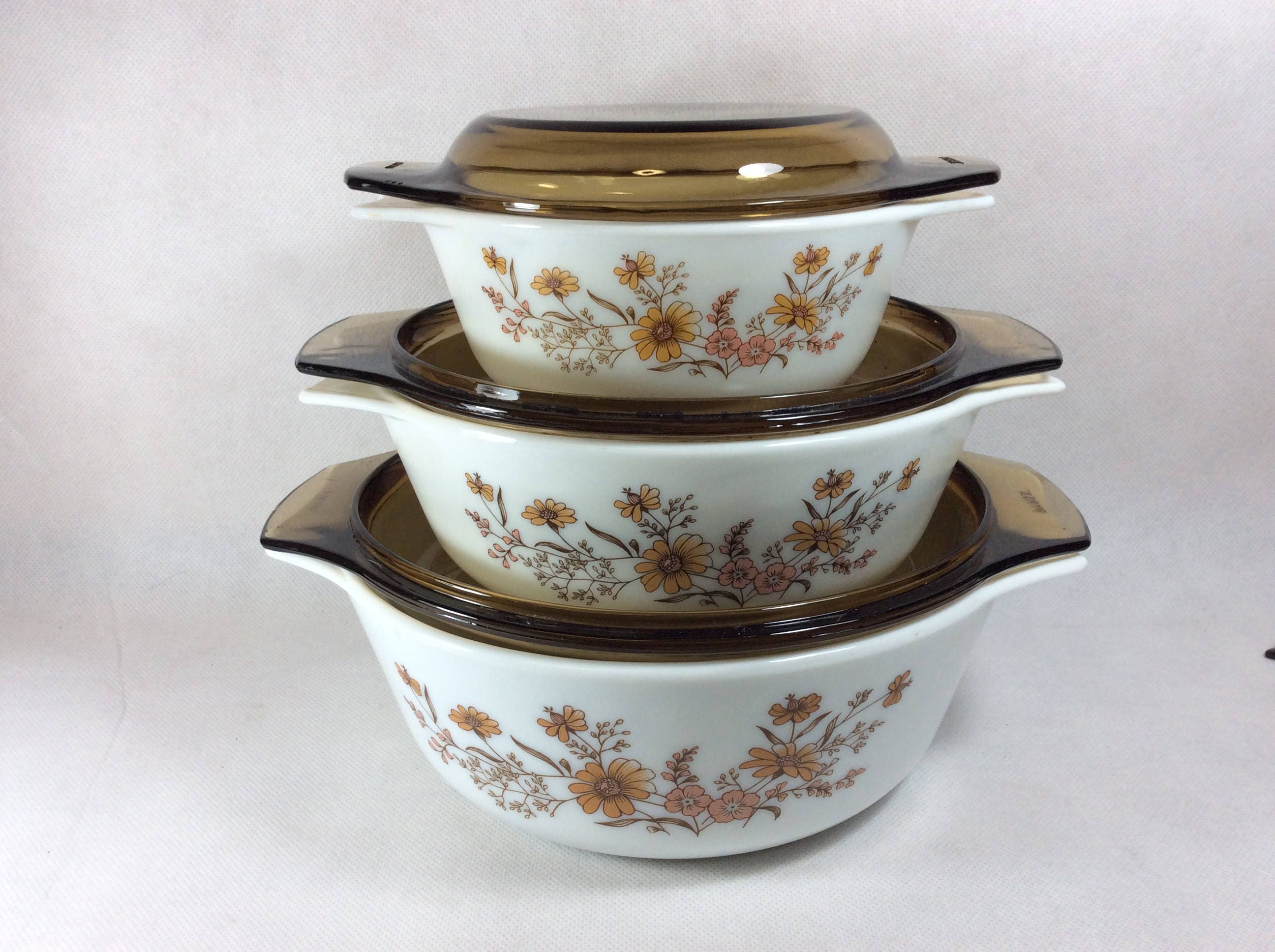 On sale Vintage Pyrex casserole set of dishes Woodland Country Autumn pattern set of 3 ovenproof
