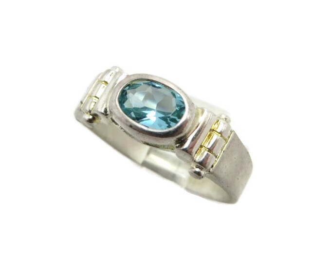 Blue Topaz Silver Ring - Vintage Antique Finish Sterling Silver Ring, Size 8, Gift for Her, Gift Box