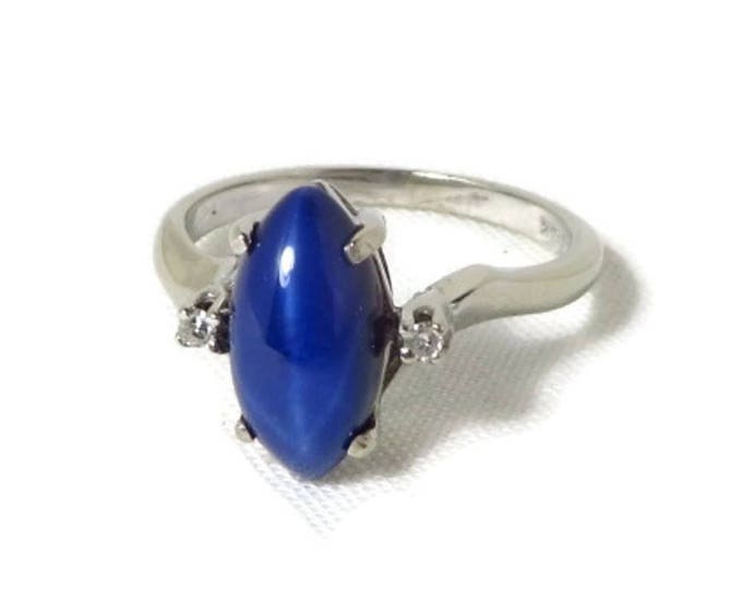 14K White Gold Star Sapphire Ring, Vintage Sapphire & Diamond Ring, Gift for Her, Size 6.5
