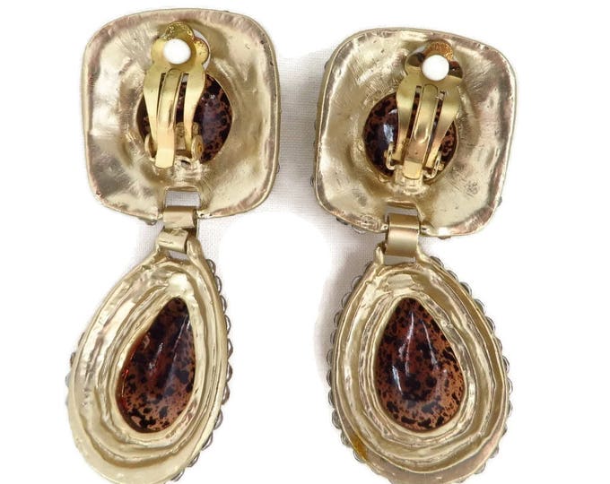 Vintage Chunky Earrings, Dangling Brown & Gold Tone Clip-on Earrings