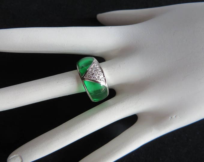 Sterling Silver Dome Ring - Vintage Green Enamel & CZ Wide Band Ring, Size 6, Gift Idea, Gift Box