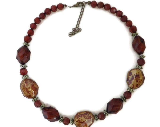 Cranberry Bronze Beaded Necklace, Vintage Boho Jewelry, Autumn Colors Necklace
