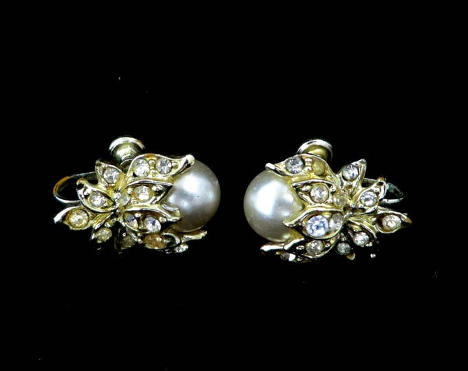 Pearl Earrings, Vintage Faux Pearl, Rhinestone Screw Back Earrings