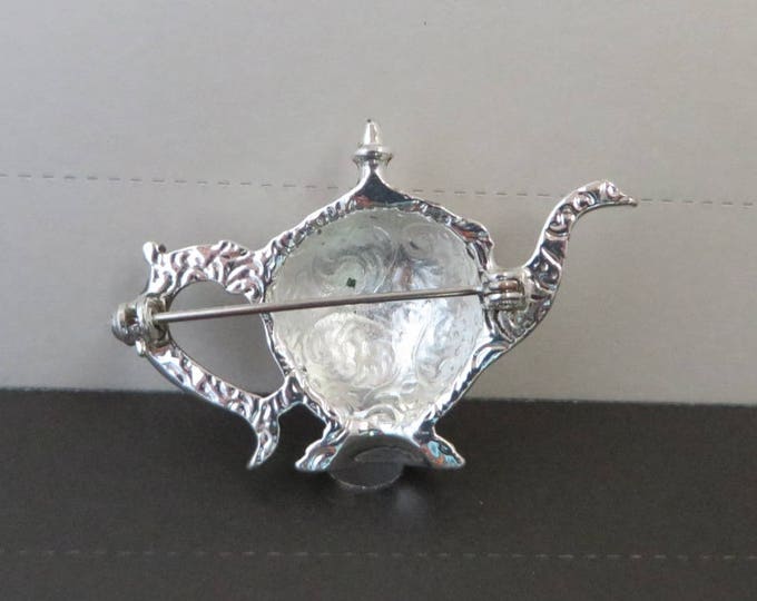 Silver Tone Teapot Brooch, Vintage Scrolled Tea Kettle Pin, FREE SHIPPING