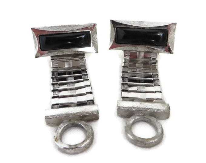 French Onyx Cufflinks, Vintage Wraparound Cuff Links, Mid Century Silver Tone Suit Accessory, Men's Gift