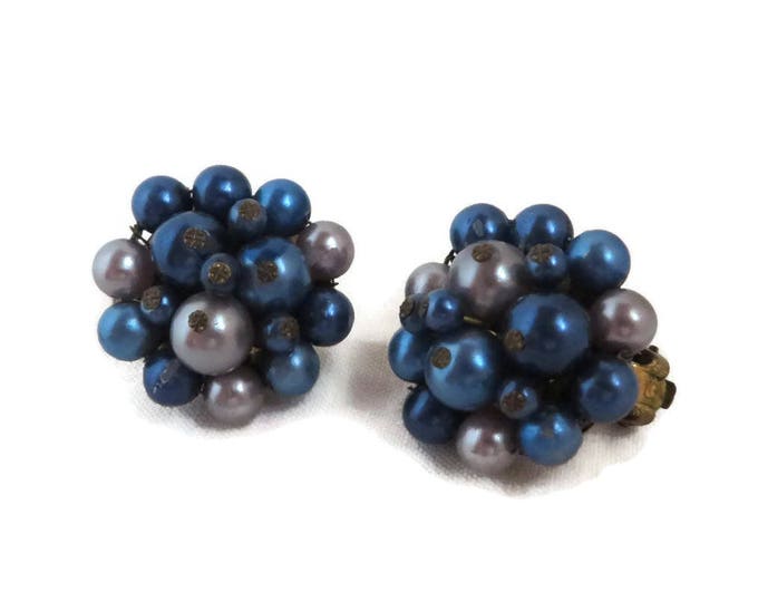 Vintage Japan Earrings, Blue and Gray Cluster Clip-on Earrings