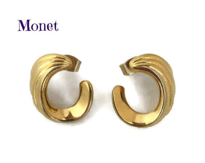 Pierced Earrings, Half Hoop Studs, Monet Gold Tone Earrings, Vintage Jewelry, Classic Monet Jewelry Gift for Her