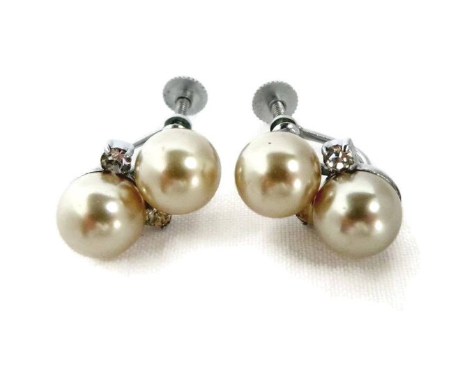 Faux Pearl Earrings - Vintage Japan Pearl & Rhinestone Earrings, Silver Tone Screwback Earrings, Gift for Her, Gift Box Faux Pearl Earrings - Vintage Japan Pearl & Rhinestone Earrings, Silver Tone Screwback Earrings, Gift for Her, Gift Box