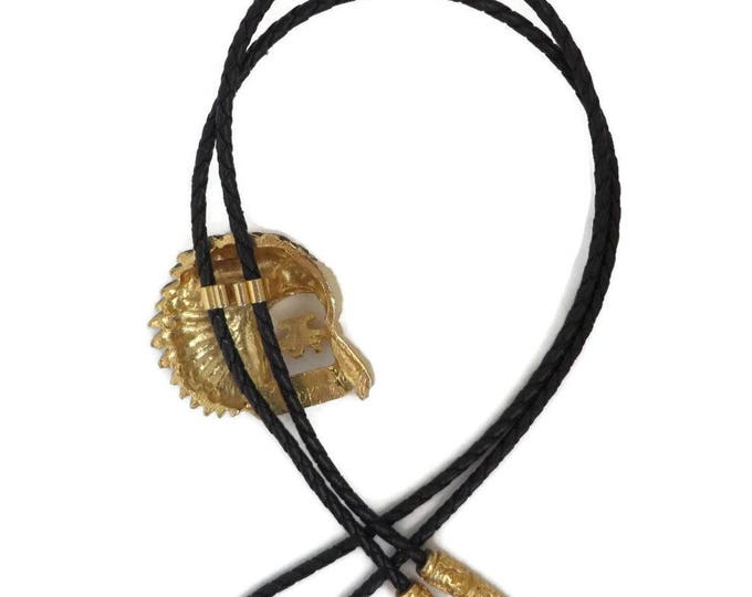 Vintage Black Bolo Tie - AAHMES 75 Years Potentate Bolo, Indian Headdress Pendant, Black Leather Tie, Unique Collector's Tie