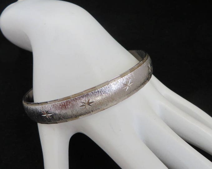 Monet Silver Tone Bangle - Vintage Brushed Silver Tone Stars Bracelet, Gift for Her, Gift Boxed