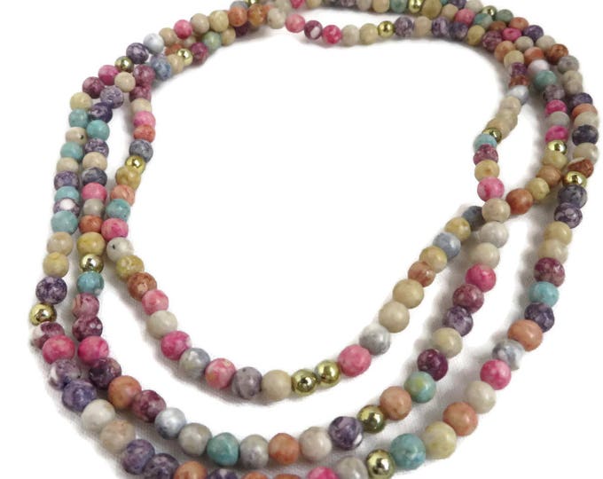 Vintage Multicolor Beaded Necklace - 4mm Bead Long Necklace, Boho Hippie Necklace
