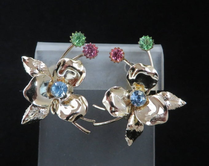Gold Tone Flower Earrings | Vintage Pastel Rhinestone Clip-ons | Mid-Century Earrings