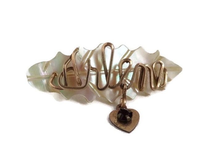 Mother of Pearl Name Brooch, Vintage Carved Shell Brooch, Gold Wire Script "Arlene", Dangling Heart Red Bead Brooch