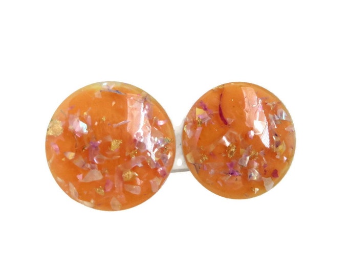 Orange Lucite Earrings, Vintage Confetti Earrings, Mid Century Button Clip on Earrings, Party Jewelry