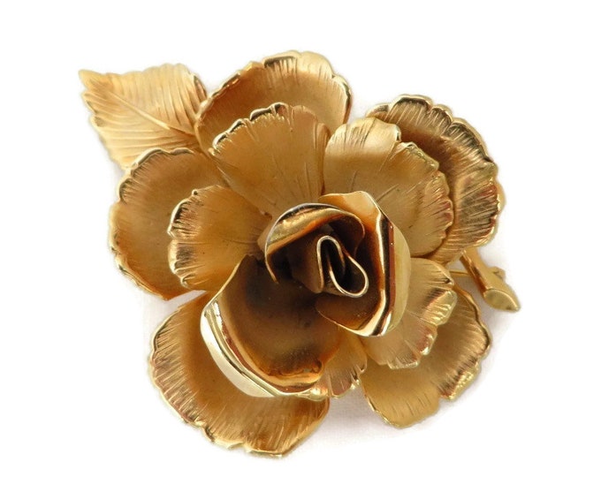 Rose Brooch, Flower Pin, Signed Lisner Gold Tone Rose Brooch, Vintage Matte Gold Tone Rose Pin, Birthday, Mother's Day Gift for Her