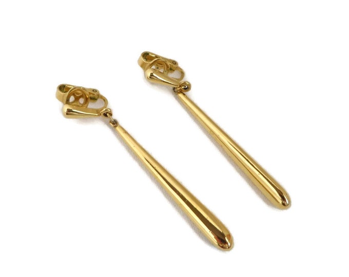 Long Dangling Earrings, Vintage Clip-ons, Crown Trifari Dangling Rod Earrings, Vintage Shiny Gold Tone Clip-on Earrings