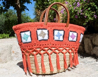 panier osier 'HORUS' crochet carreaux multicolores et terre orangée