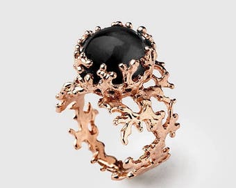 SALE 20% Off - CORAL Black Onyx Ring, Rose Gold Onyx Ring, Women's Onyx Ring, Rose Gold Statement Ring, Black Gemstone Ring