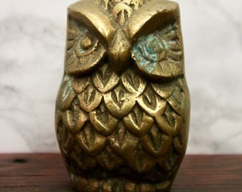 Vintage Brass Owl Paperweight Trinket Figurine