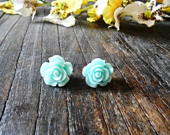 Mint Green Rose Stud Earrings Flower Plastic Resin Tiny Floral Post Bohemian Jewelry Nickel Free Metal Surgical Steel Pin Boho Romantic Stud