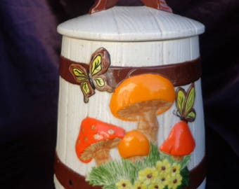 COOKIE JAR / Canister Barrel with Mushrooms, Butterflies, daisies, 1976