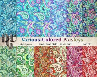 40% Paisley digital paper: Various-Color PASLEY Digital Paisley Paper, 12 Bright Colorful Paisley Digital Papers Pack, Printable Paisley #01
