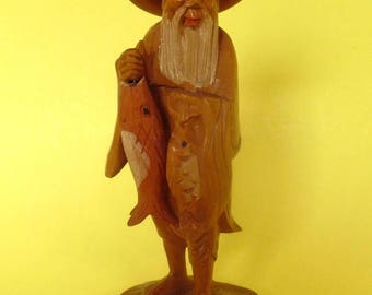 CARVED ASIAN FISHERMAN Wood Articulated Fishing Hook Hair Queue Old Chinese Man Long Beard Barefoot Removable Hat Handmade Vintage Two Fish