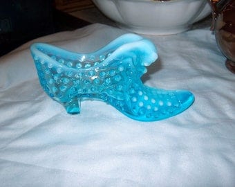 Vintage Fenton Blue Glass Shoe, Opalescent, Cat