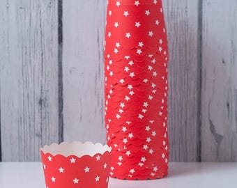 25% OFF SALE Red and White Stars - Baking Cups for Cupcakes, muffins, Dessert & Nuts - Set of 24