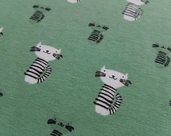 White Cats on Green - Organic Cotton Lycra Jersey, Knit Fabric stretch fabric, knit fabric, childrens fabric, fabric by the yard