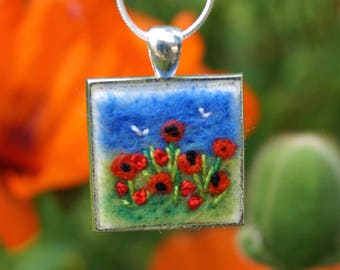 Poppy necklace, silver necklace, birthday gift, mothers day gift, poppy meadow, red poppy pendant, garden lover gift, custom colours