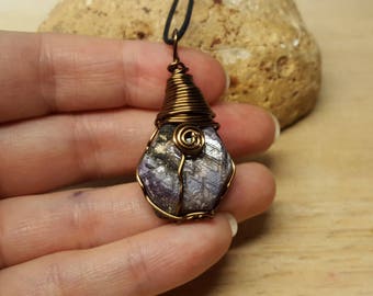 Mens Raw Sapphire Pendant. Blue Reiki jewelry uk. September birthstone. 45th anniversary gemstone. Unisex Wire wrap pendant