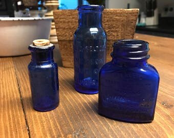 Sale* Vintage cobalt blue medicine bottles, bromo bottles, milnesia wafters bottles, vintage bottles, blue bottles, vase, set of 3