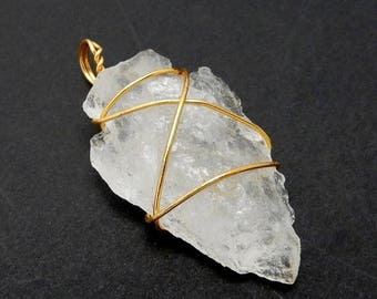 15% off Christmas in July Crystal Quartz Arrowhead Pendant Wire Wrapped Gold Tone Arrow Head Charm (RK40B1b)