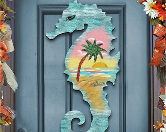 Coastal Scenic Seahorse Rustic Wooden Door Hanger  - Wall decor -  Free shipping ( domestic)  #8198517H