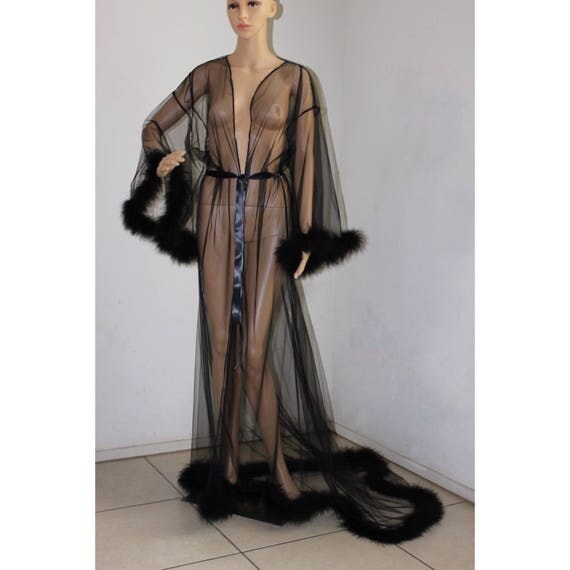 Giselle Black Sheer Robe with fur trim satin ribbon ties.