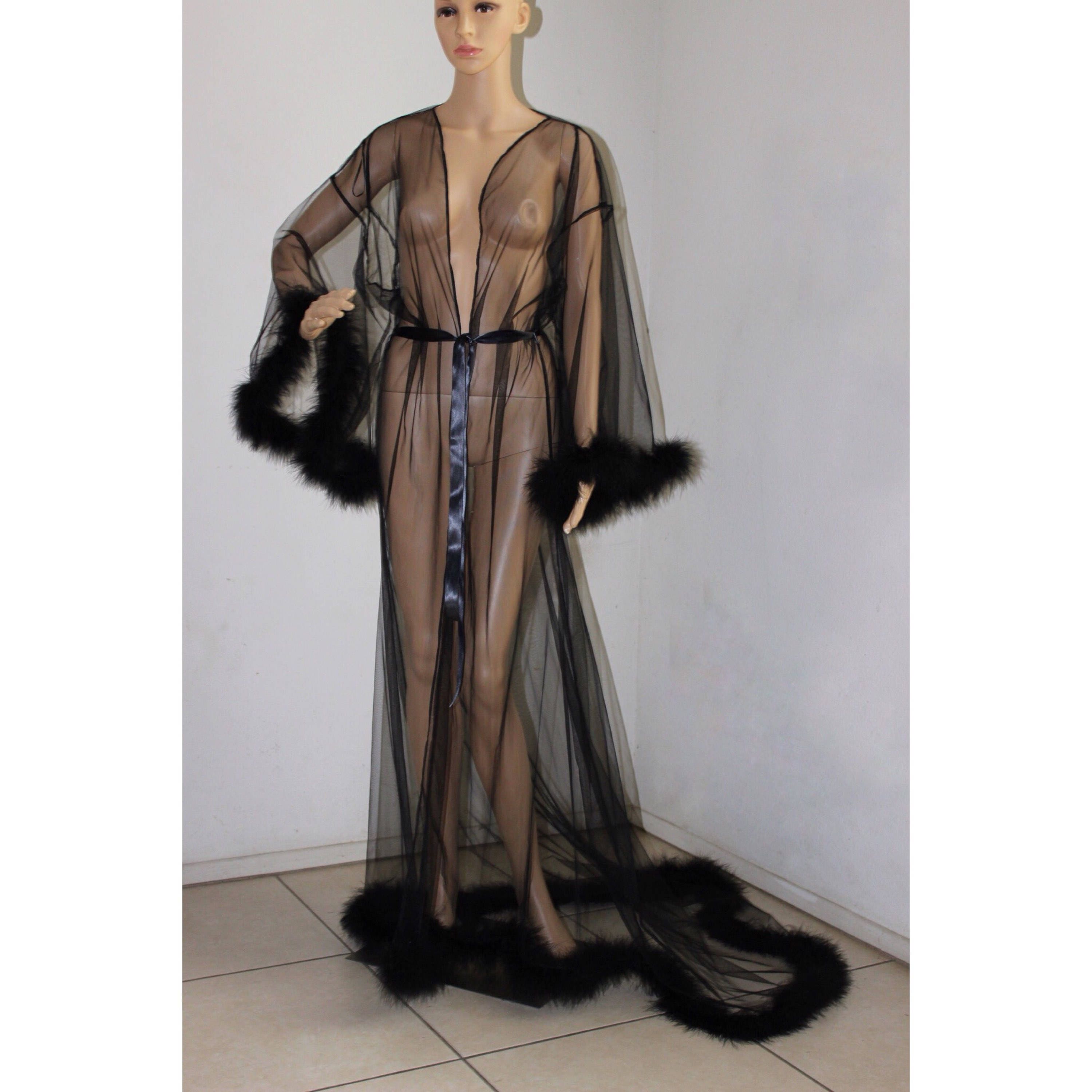 Giselle Black Sheer Robe With Fur Trim Satin Ribbon Ties