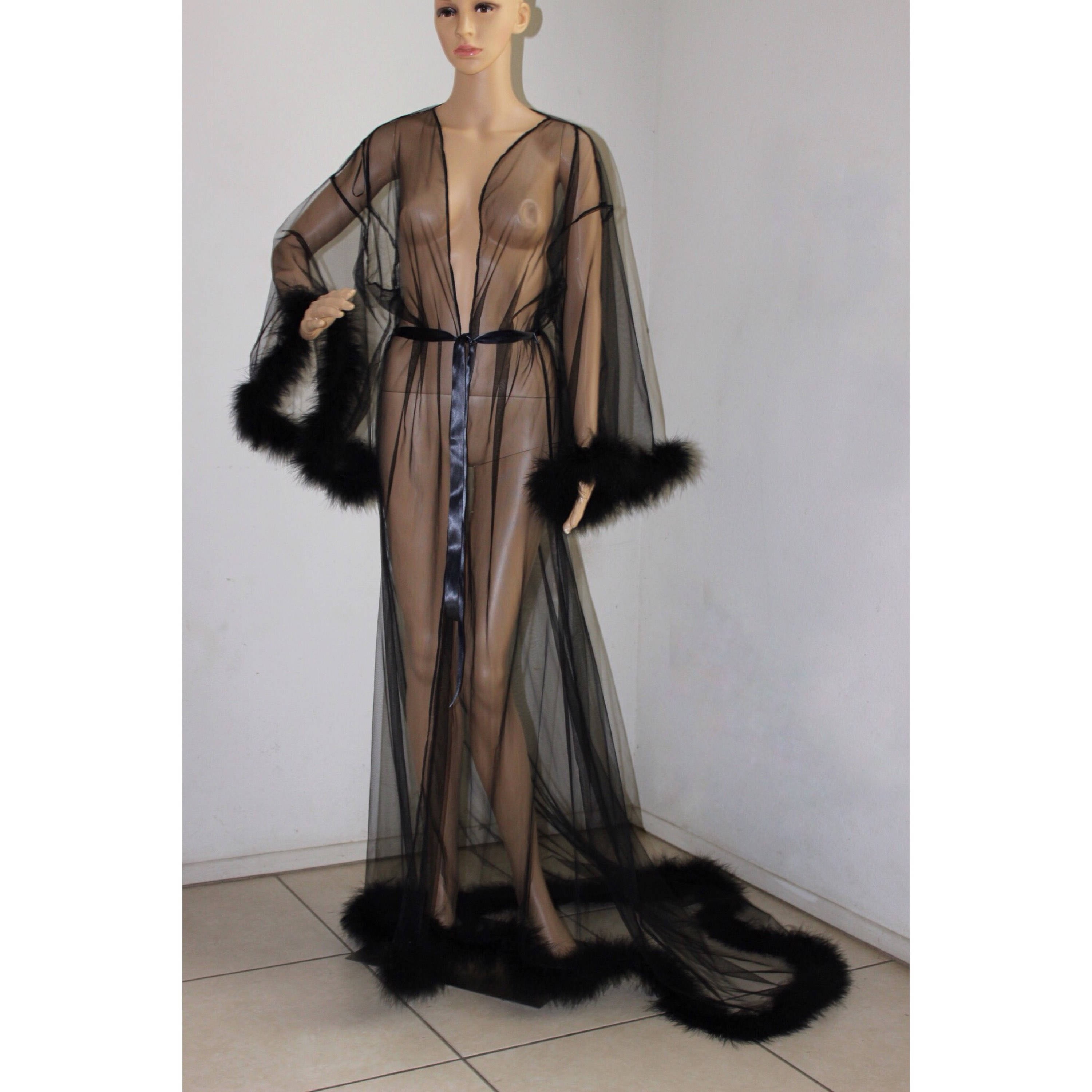 Giselle Black Sheer Robe with fur trim satin ribbon ties.