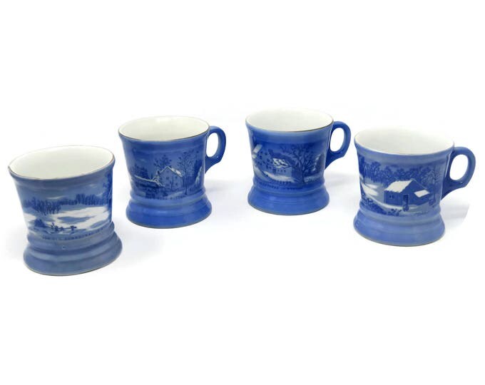 Currier and Ives The Old Homestead Mug Set - Blue Decorative Mugs - Coffee Tea Cups - Housewares Collectable Home Decor Cottage Chic Mom