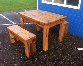 Chunky rustic reclaimed timber table with 2 benches waxed