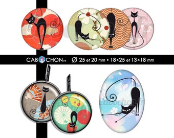 Chat Noir Japon • 60 Images Digitales RONDES 25 et 20 mm OVALES 18x25 et 13x18 mm japan fleur eventail sakura washi cat cats chats origami
