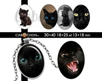 Chats Noirs • 45 Images Digitales OVALES 30x40 18x25 13x18 mm chat animal noir yeux pupilles mignon cute felin chapeau silhouette