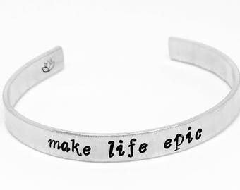 Handstamped "Make Life Epic" Aluminum Lotus Cuff