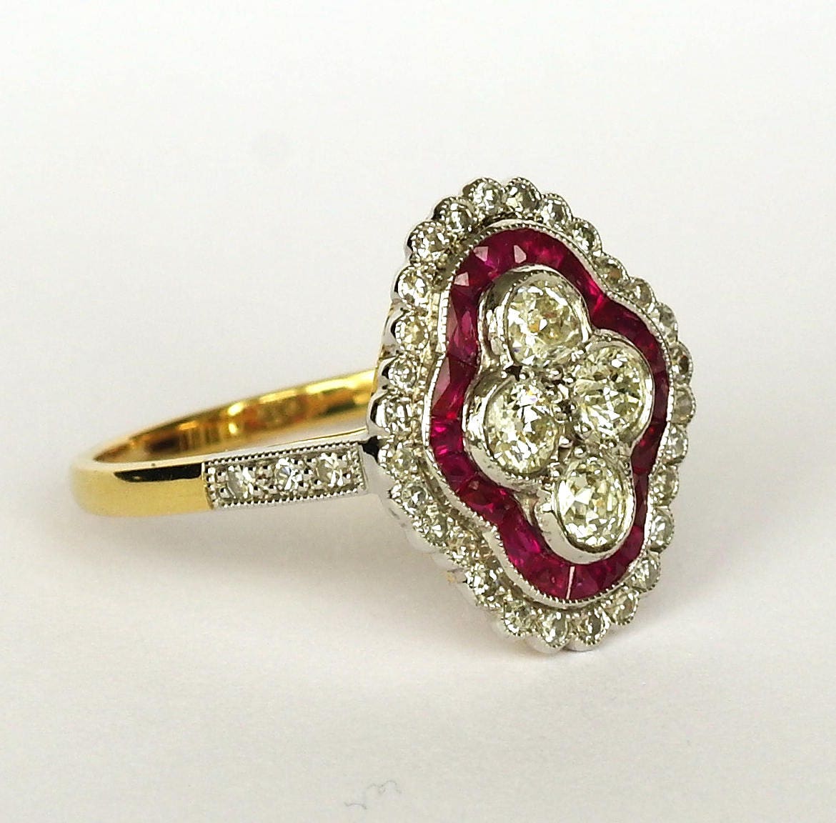 Art Deco Diamond Ruby Ring 18k Gold Platinum Old Cut Diamonds
