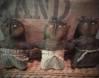 Primitive grungy black handmade doll set of 3 bowl fillers Made to order