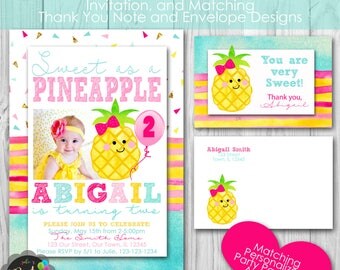 Pineapple Birthday Party, Personalized Printable Invitation, and Matching Thank You Note, Envelopes, Banner and Welcome Sign
