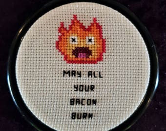 Howl's Moving Castle cross stitch - Calcifer "May all your bacon burn"
