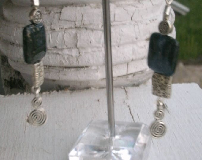 Blue Jasper Earrings with silver shapes, blue Jasper Pyrite square beads, 4 silver shapes, silver plated wires, gypsy, boho, OOAK earrings